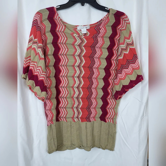 August Silk Tan Burgundy‎ Chevron Scoop Neck Batwing Sleeve Knit Top Size S - Picture 1 of 6